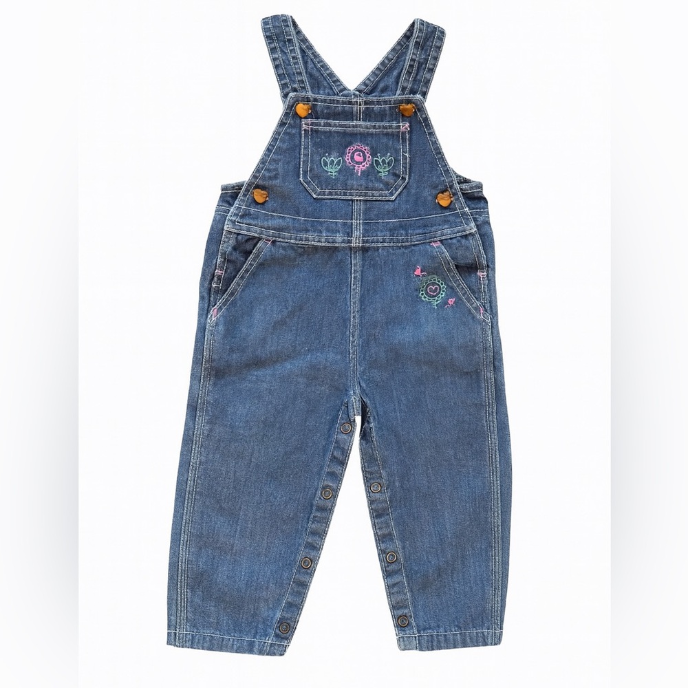 Carhartt Baby Girl jean Overalls 18M 🌼 Heart Buttons & Floral Stitching